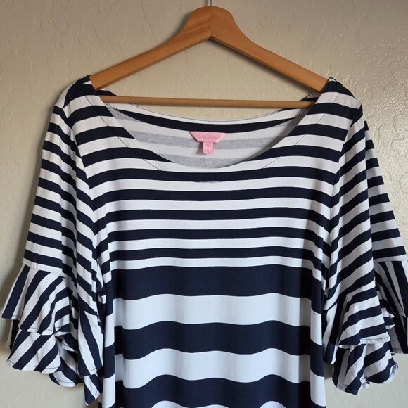 Lilly Pulitzer Lula Dress Striped Ruffle Bell Sleeve Navy XL Stretch Jersey Knit - Picture 3 of 9